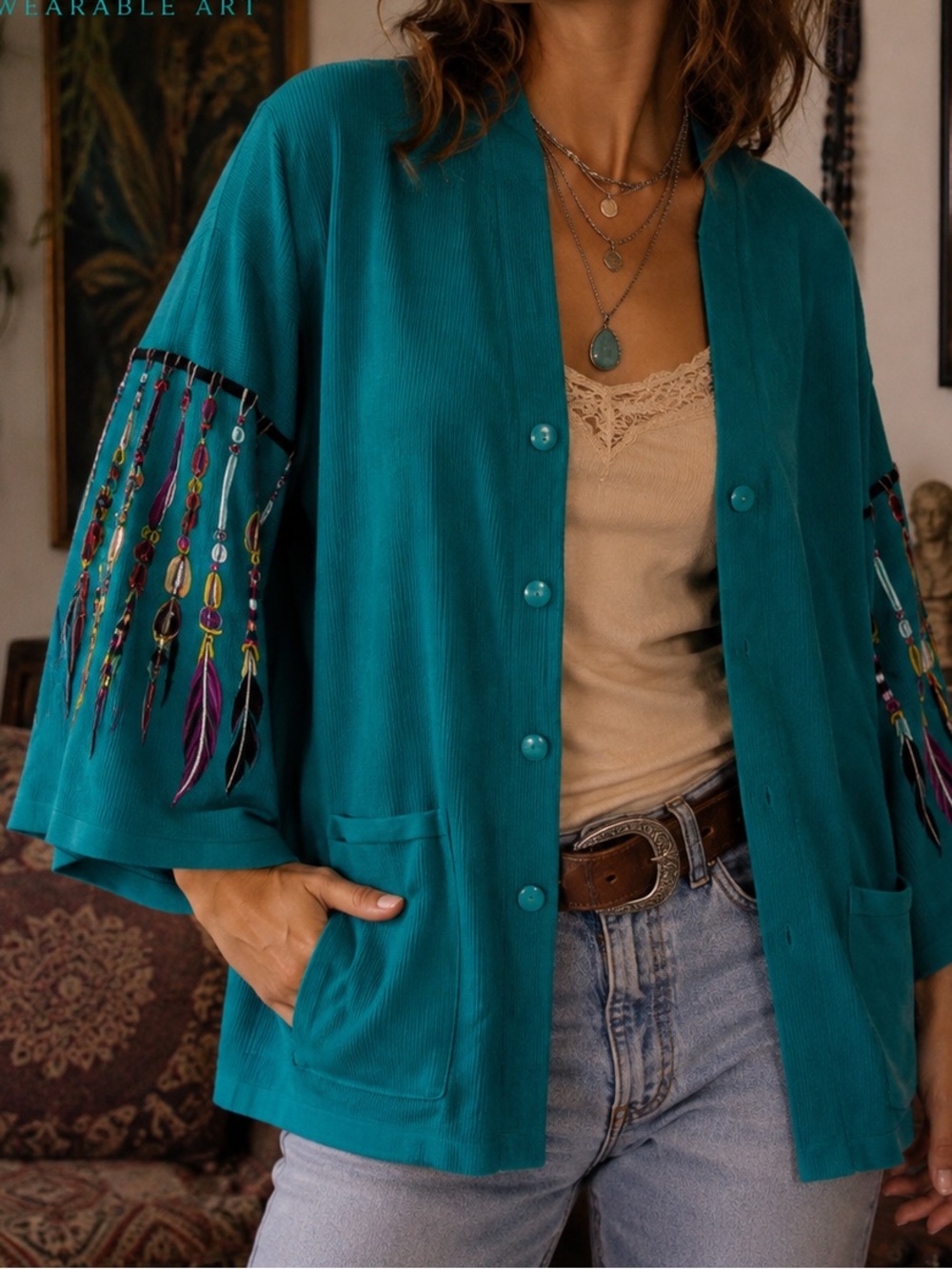Vintage Bob Mackie Wearable Art Teal Embroidered Cardigan Sweater M
